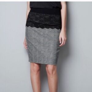 𝅺zara lace and plaid wool blend pencil skirt